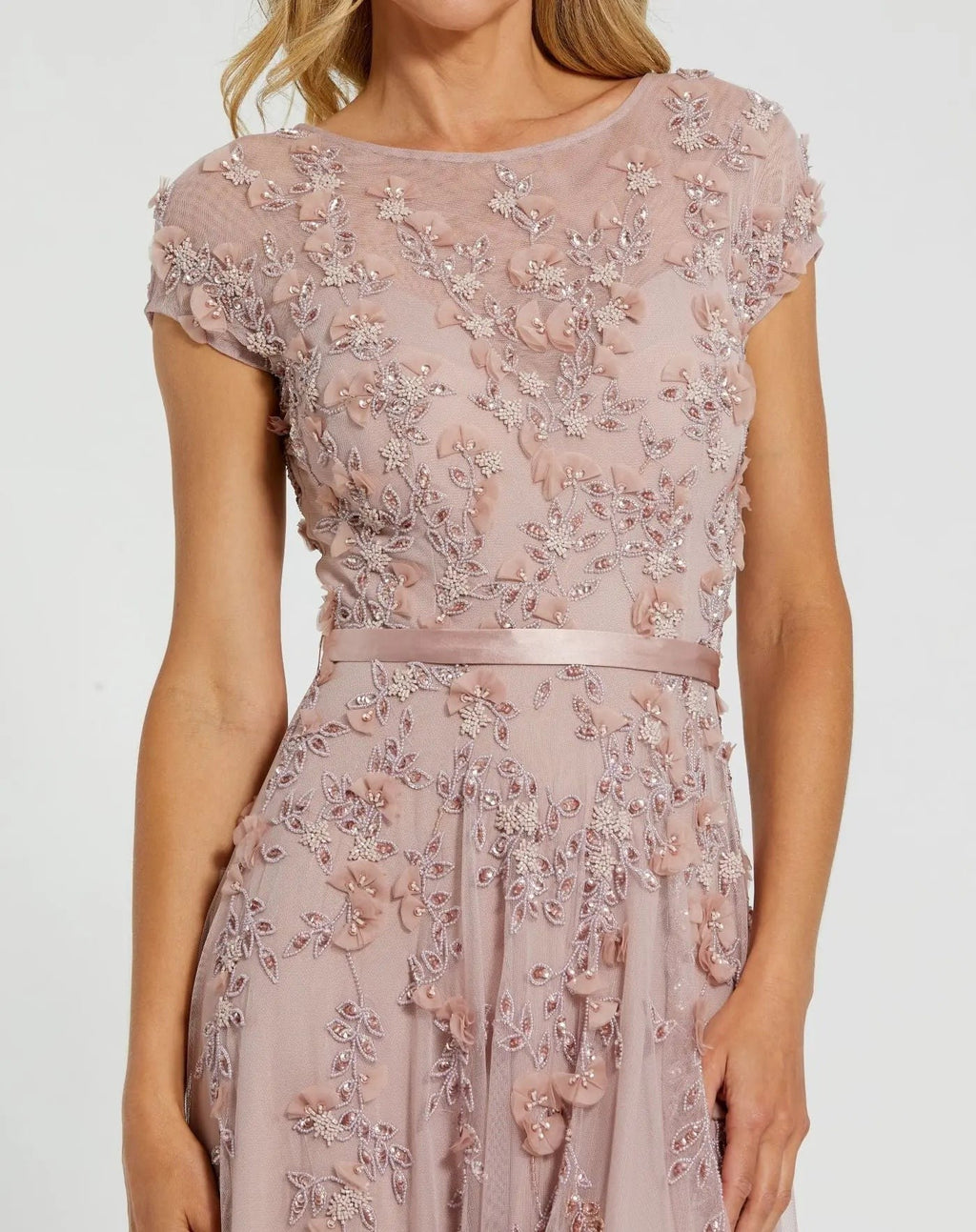 Petite Mocha Floral Embellished Cap Sleeve Gown