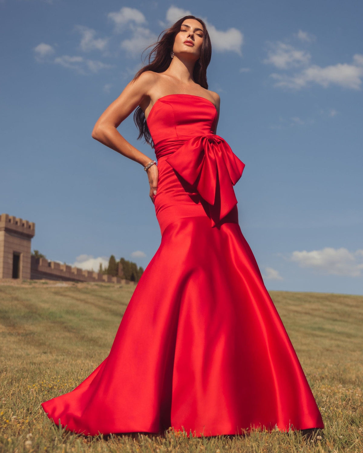 Red Strapless Satin Mermaid Gown with Oversize Bow
