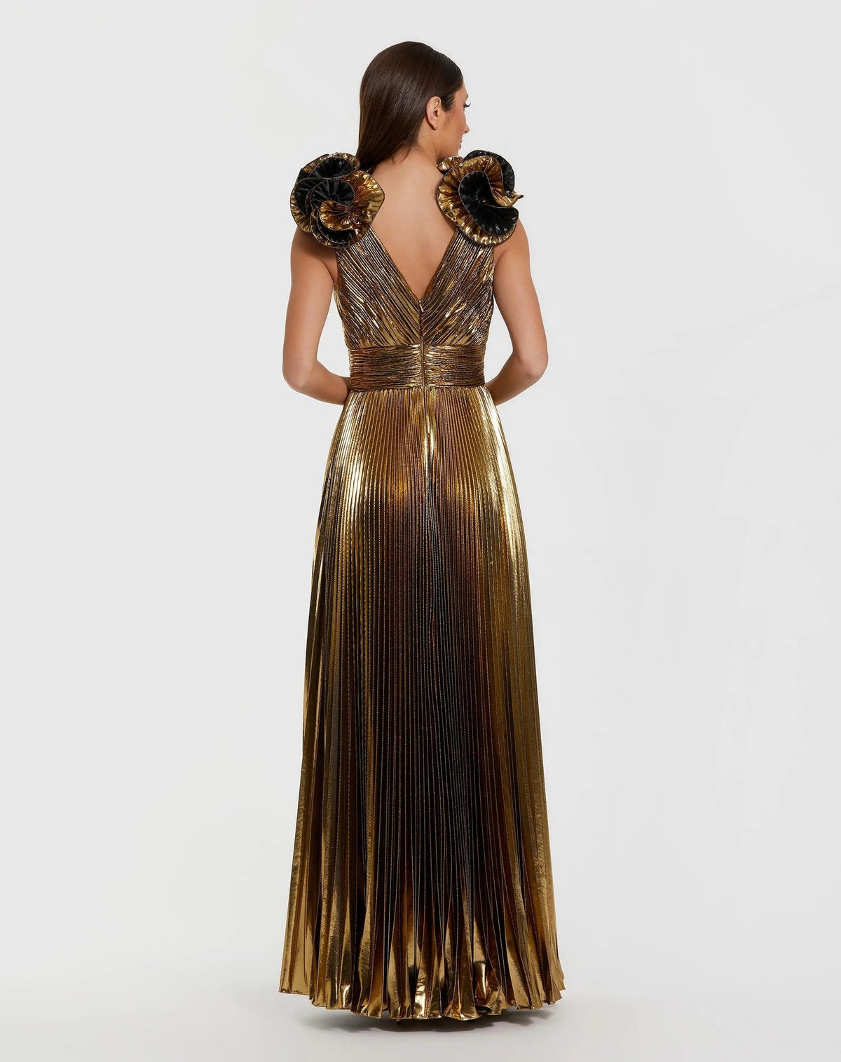 Gold Metallic Pleated Gown with Ruffle Shoulder Detail