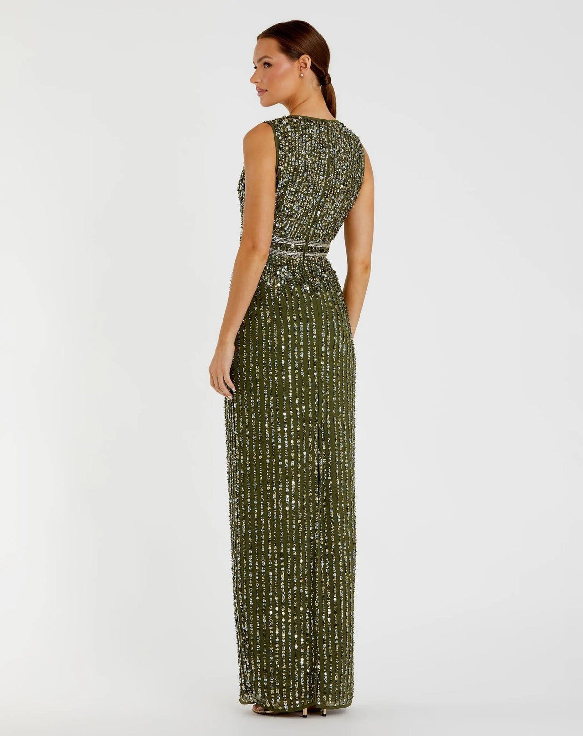 Olive Sequined High Neck Sleeveless Column Gown