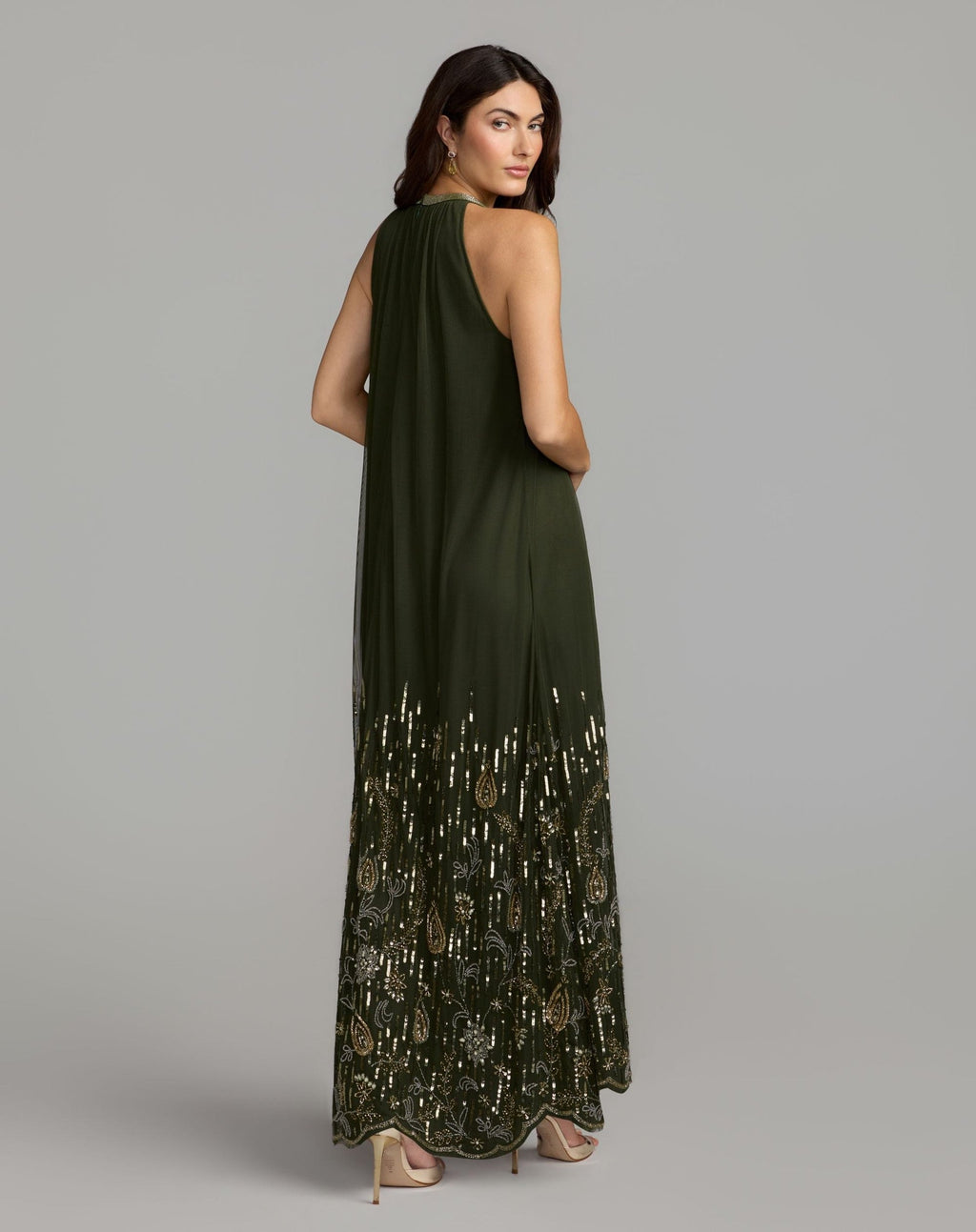 Antique Green Sleeveless Embellished Scallop Hem Trapeze Dress
