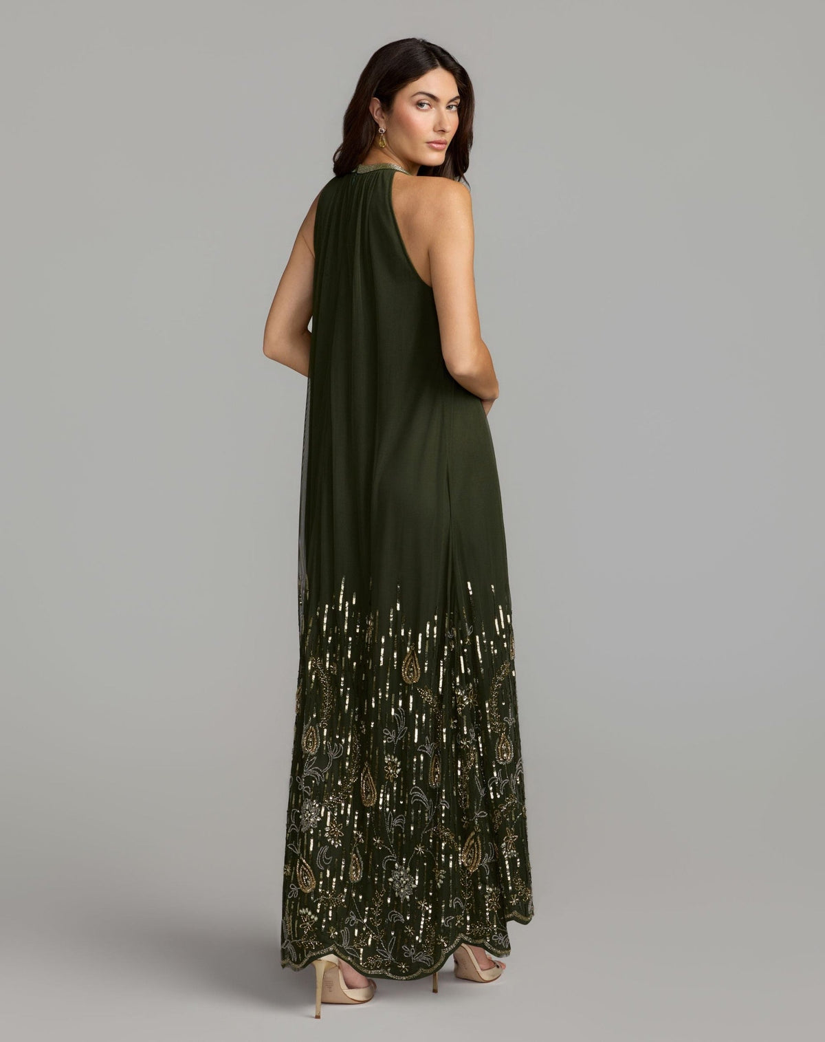 Antique Green Sleeveless Embellished Scallop Hem Trapeze Dress
