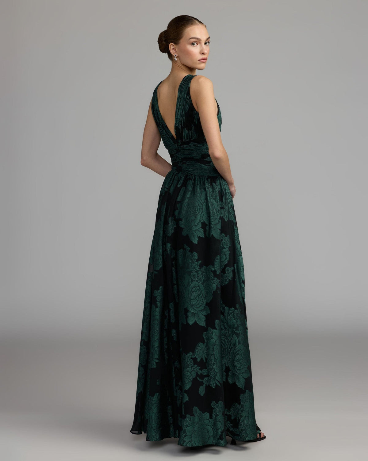 Emerald Multi Floral Sleeveless Plunge Neck Gown