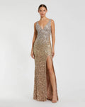 Shimmering Gold Sleeveless V-Neck Embellished Gown