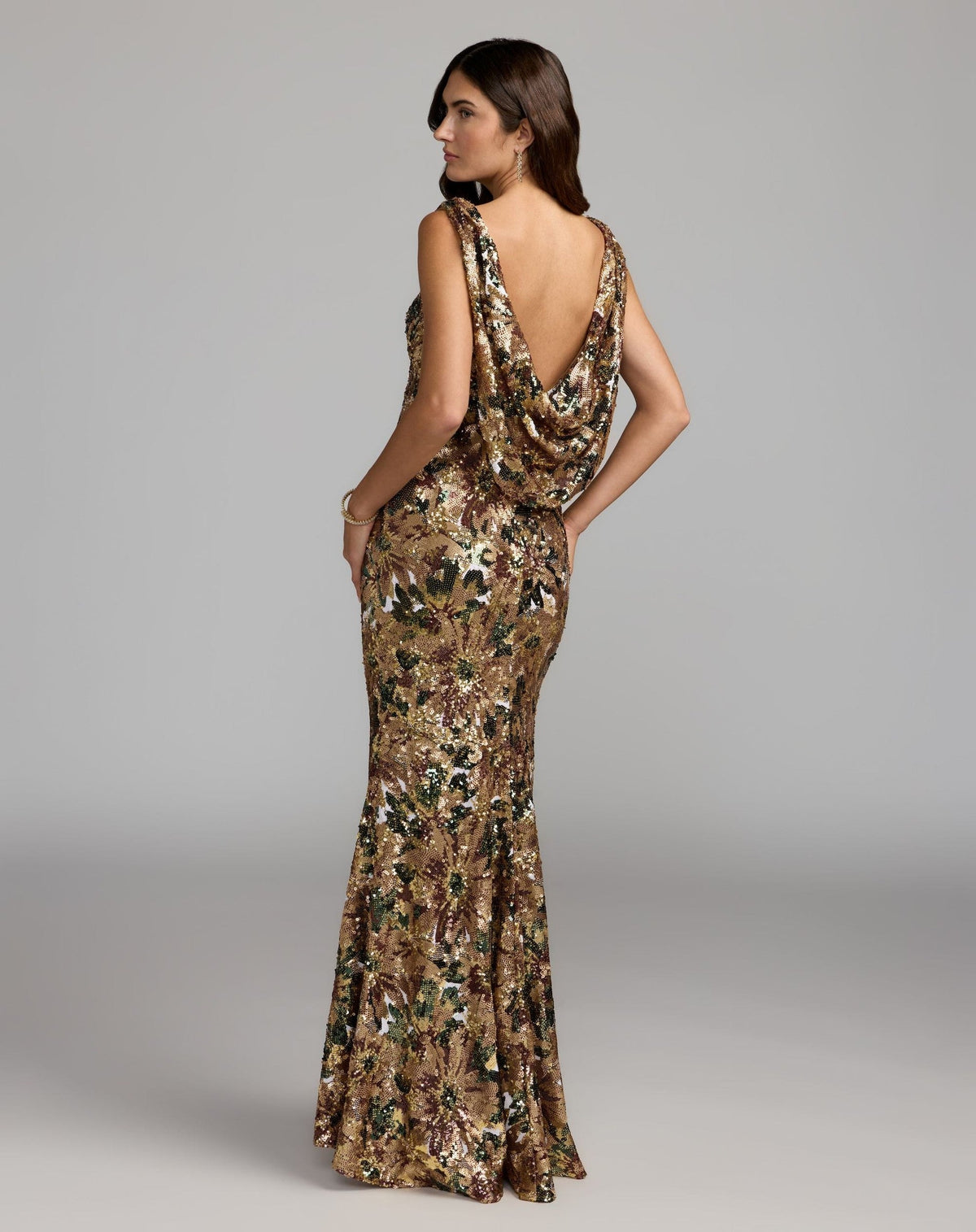 Chocolate Multi Floral Sequin Cowl Back Trumpet Gown