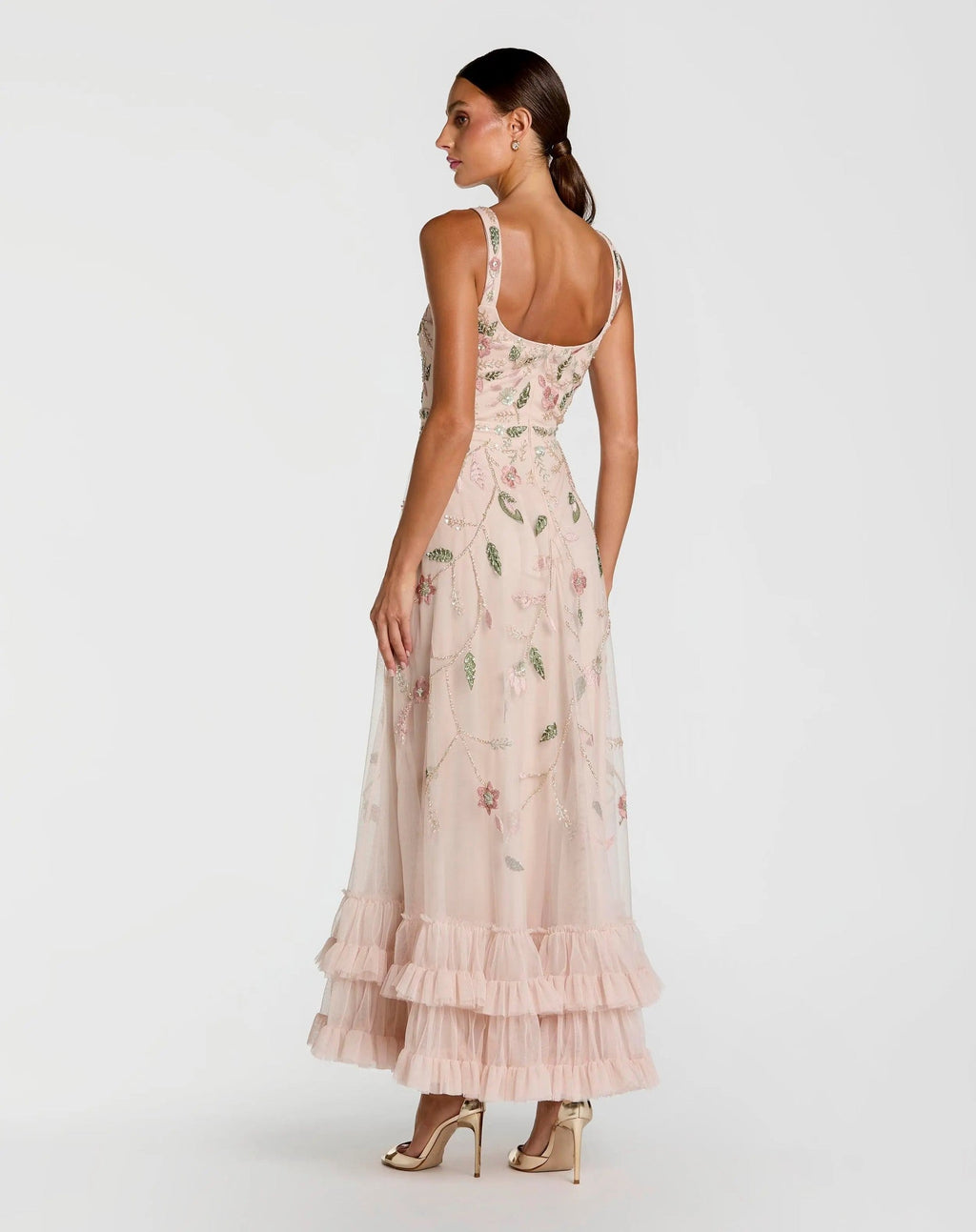 Porcelain Ruffle Midi Dress with Floral Embroidery