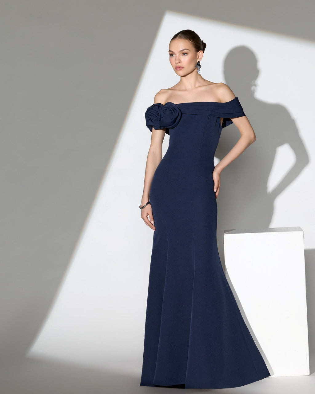 Navy Off The Shoulder Crepe Mermaid Gown