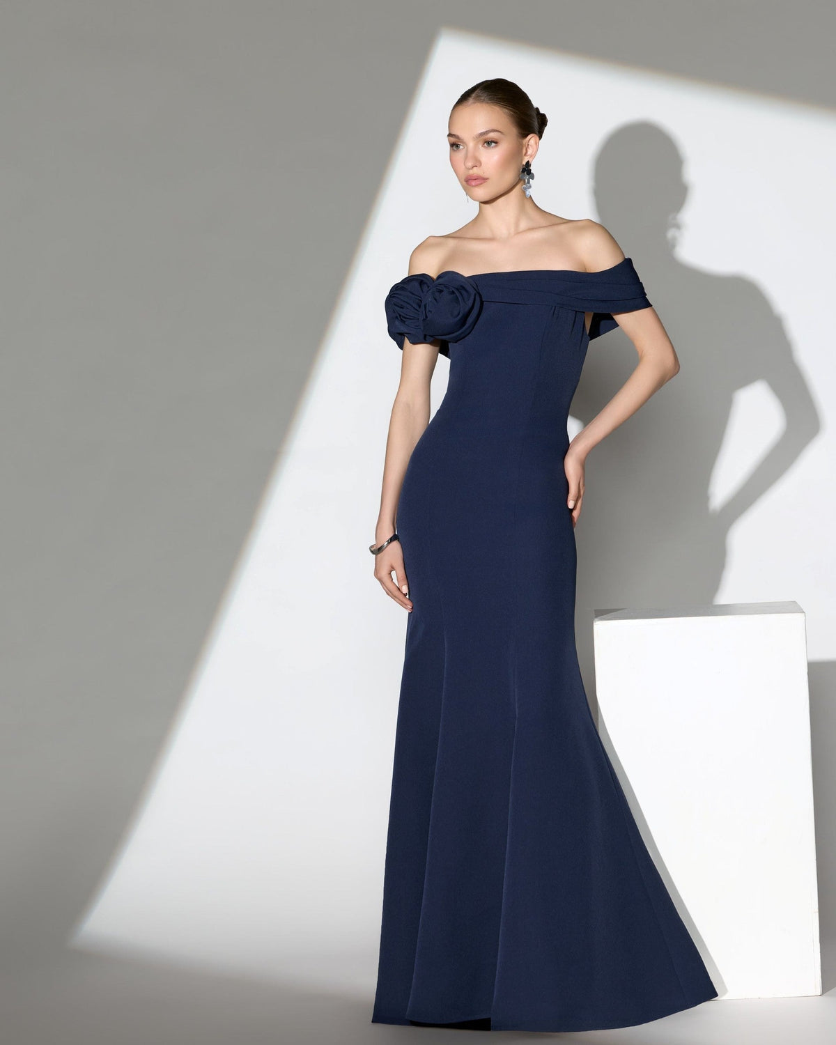 Navy Off The Shoulder Crepe Mermaid Gown