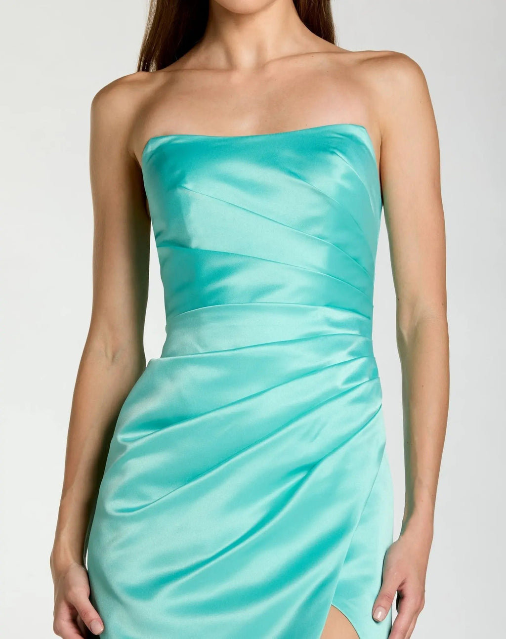 Turquoise Strapless Satin Gown With Slit