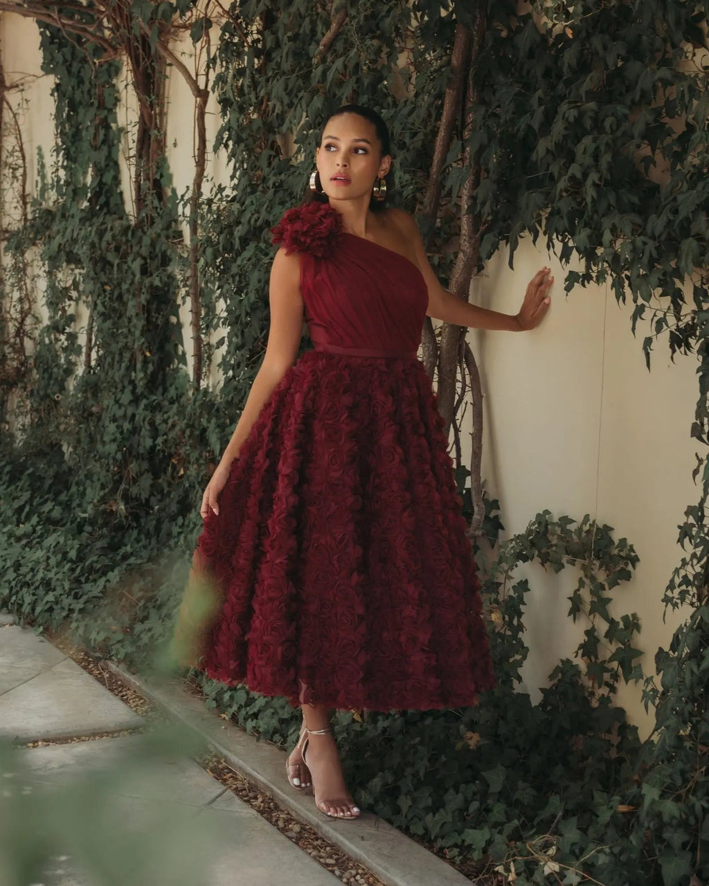 Wine One Shoulder 3D Floral Rosette Midi Dress