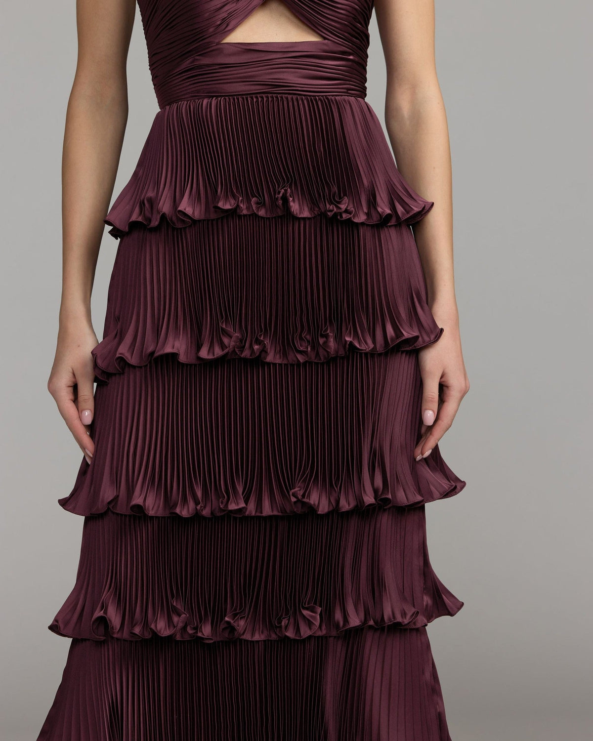 Aubergine Strapless Pleated Charmeuse Tiered Ruffle Gown