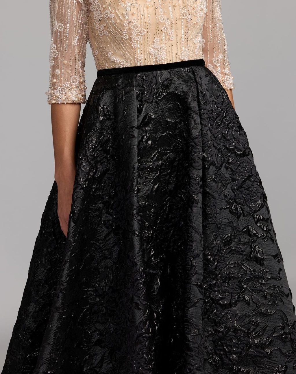 Beige and Black Embellished Brocade Gown With 3/4 Sleeves