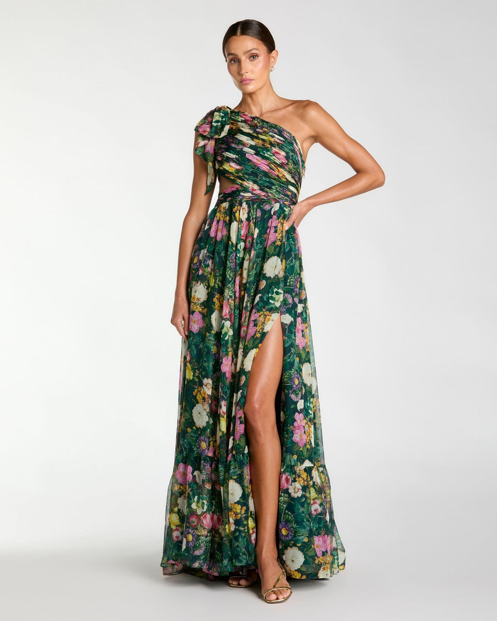 Deep Green Multi Floral Chiffon One Shoulder Cut Out Gown