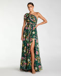 Deep Green Multi Floral Chiffon One Shoulder Cut Out Gown