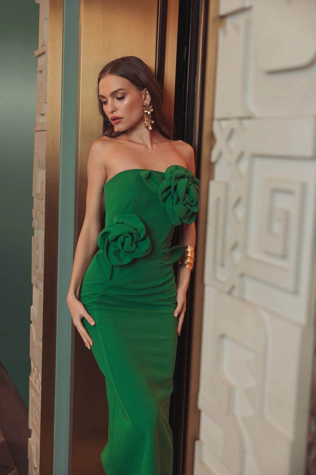 Spring Green Strapless Crepe Dress With 3D Flower Detail