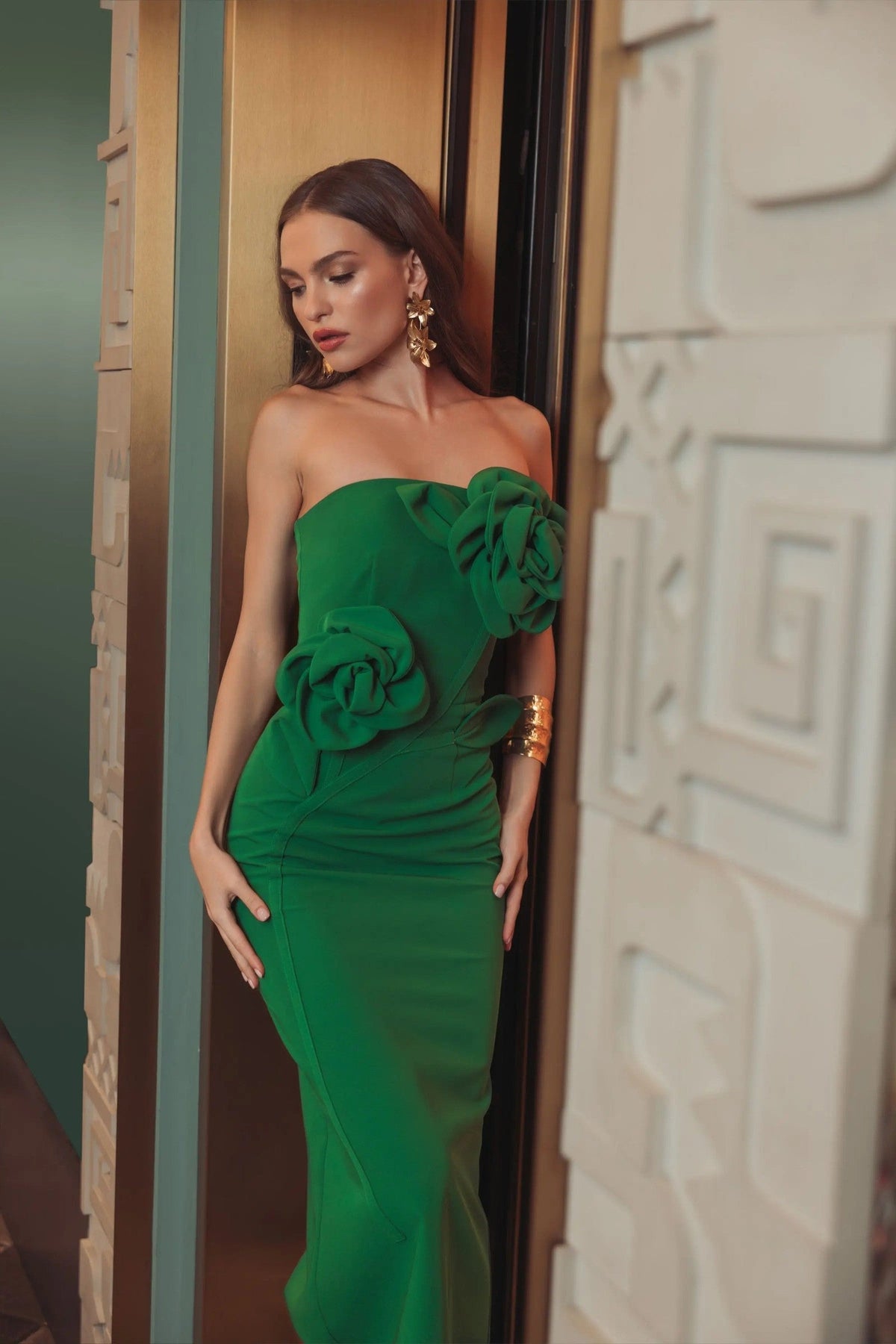 Spring Green Strapless Crepe Dress With 3D Flower Detail