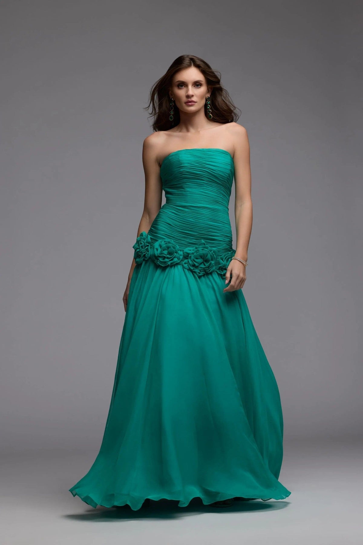 Spring Green Strapless Chiffon Ball Gown With 3D Flowers