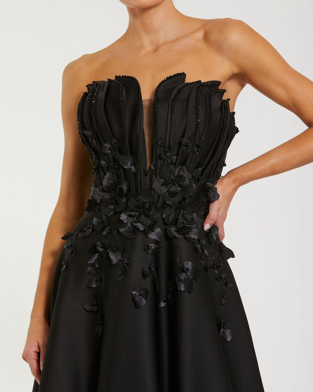 Petite Black Strapless Satin Floral Embellished Ball Gown
