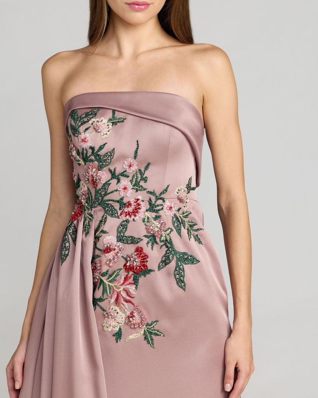 Mocha Floral Embroidered Satin Strapless Gown