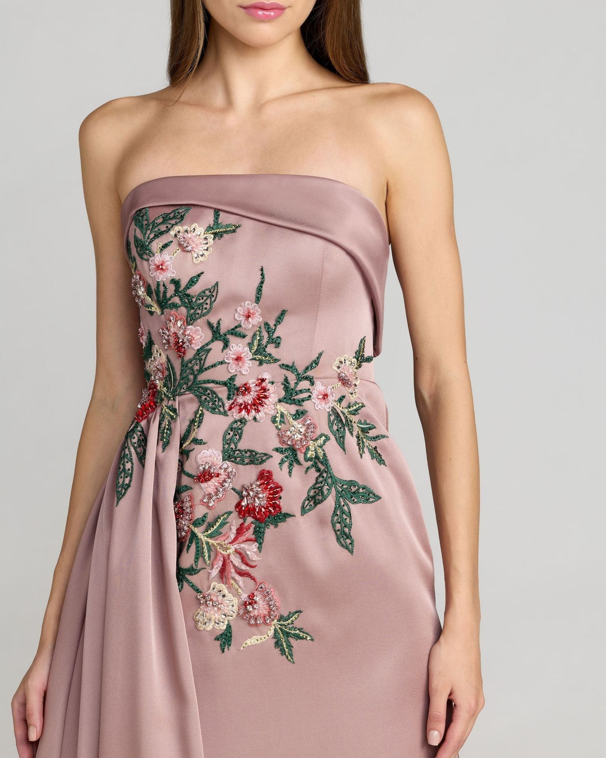 Mocha Floral Embroidered Satin Strapless Gown