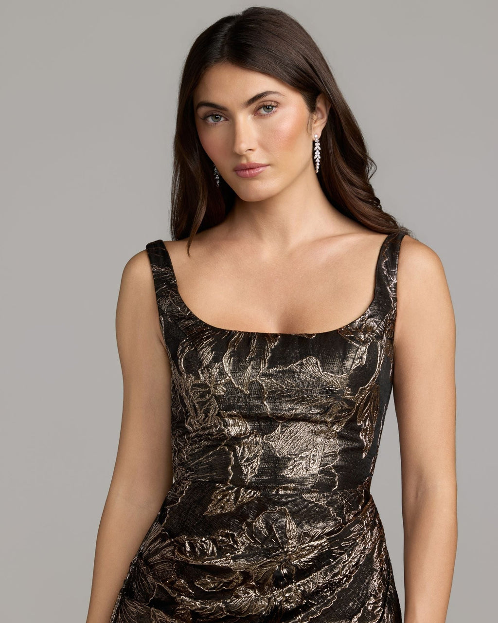 Bronze Metallic Floral Brocade Gown with Overskirt