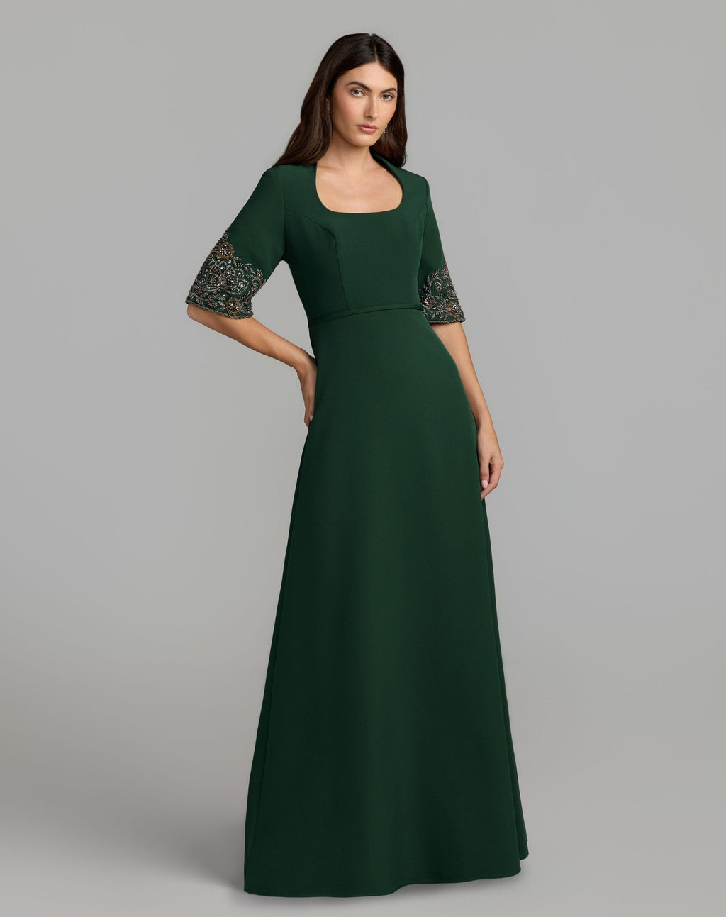 Deep Green Scoop Neck Beaded Sleeve Crepe Gown