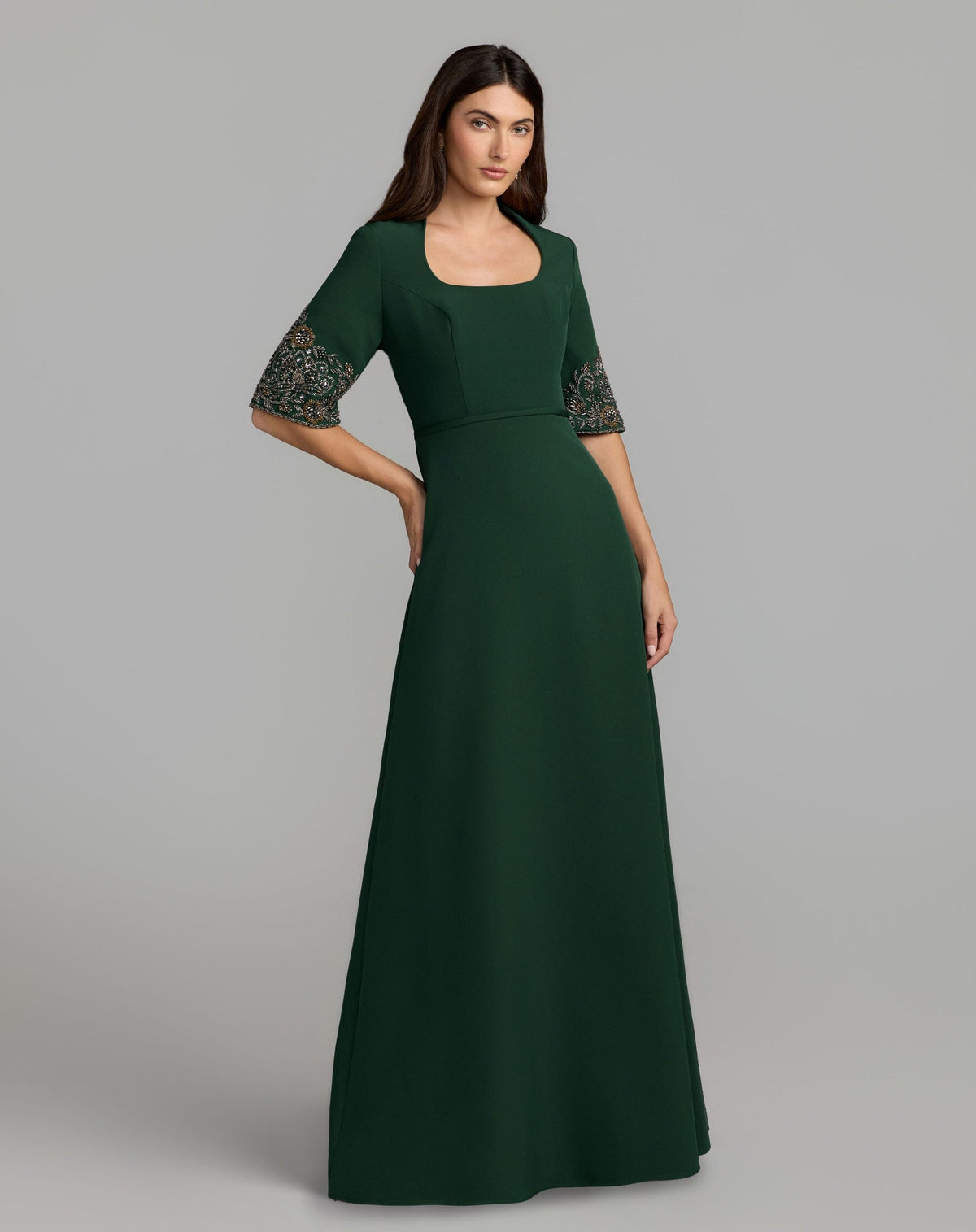Deep Green Scoop Neck Beaded Sleeve Crepe Gown