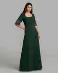 Scoop Neck Beaded Cuff Crepe Gown
