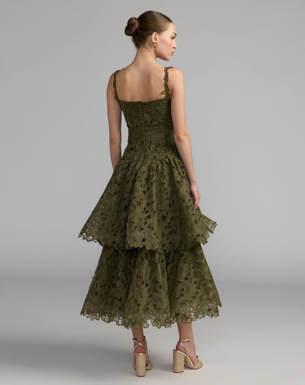 Olive Sleeveless Embroidered Lace Tiered Midi Dress