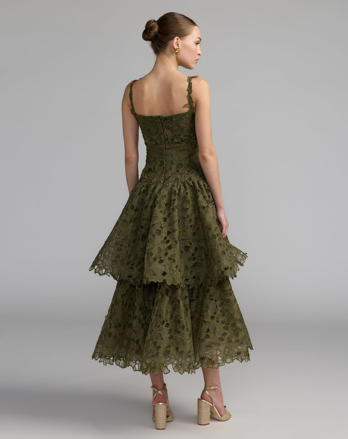 Olive Sleeveless Embroidered Lace Tiered Midi Dress