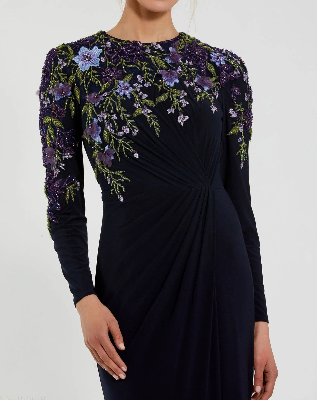 Midnight Embellished Long Sleeve Fitted Jersey Gown