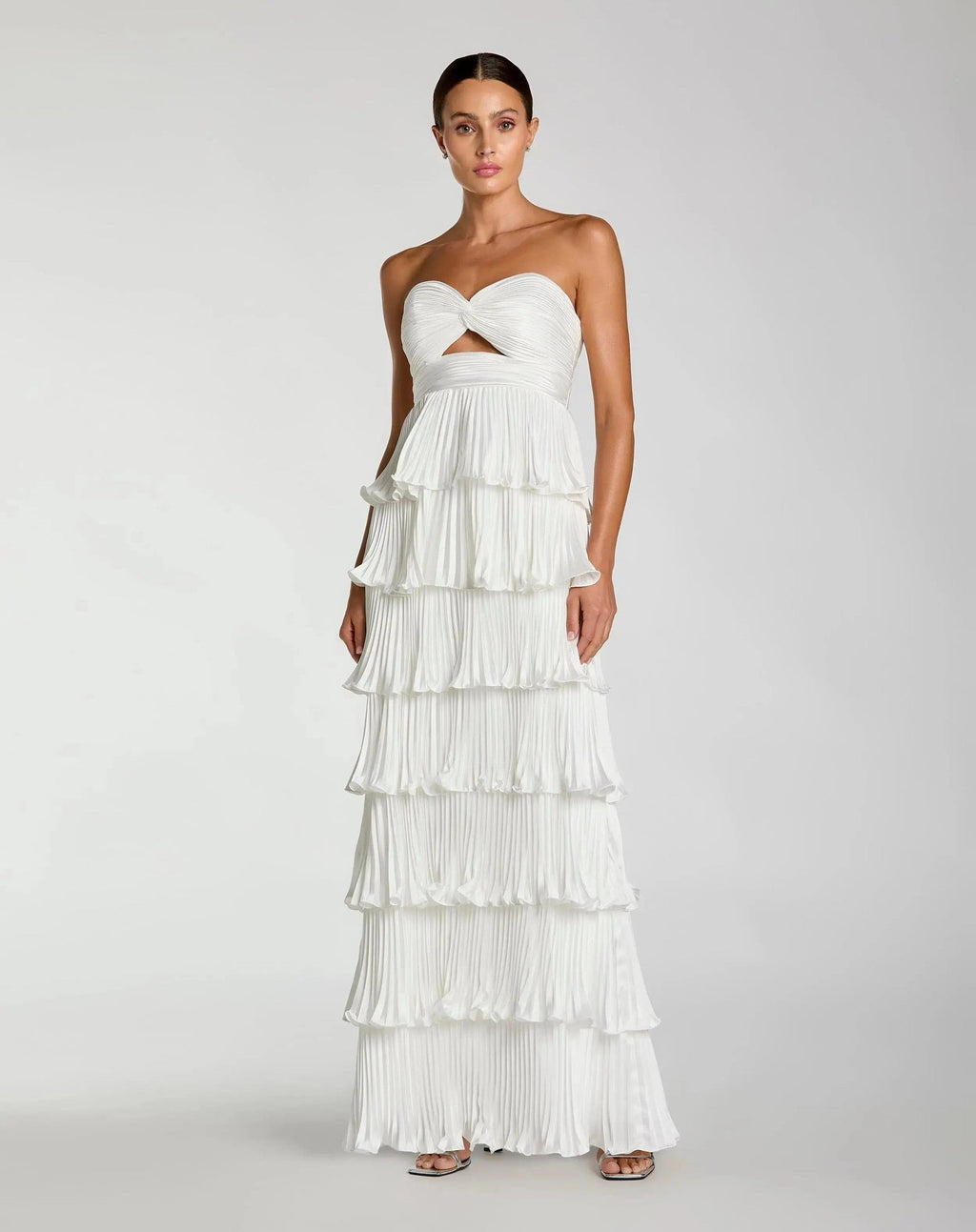 Ivory Strapless Pleated Charmeuse Tiered Ruffle Gown