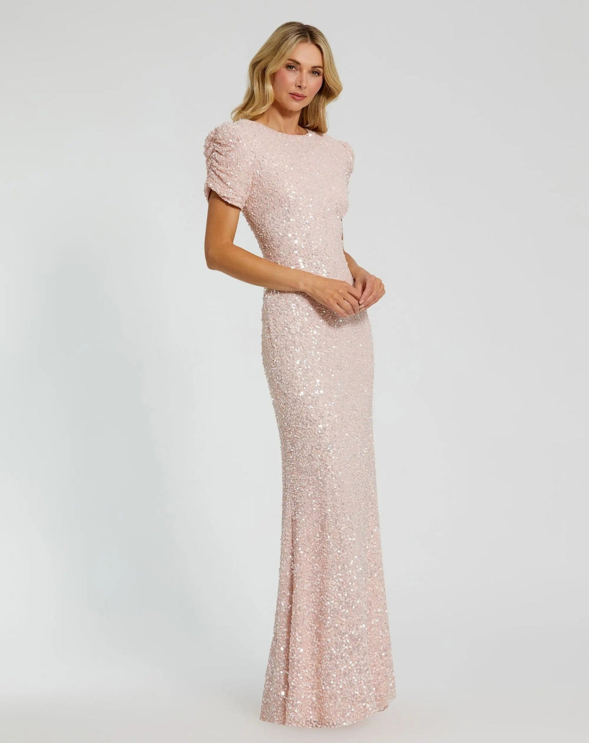 Blush Gathered Short Sleeve Embellished Gown
