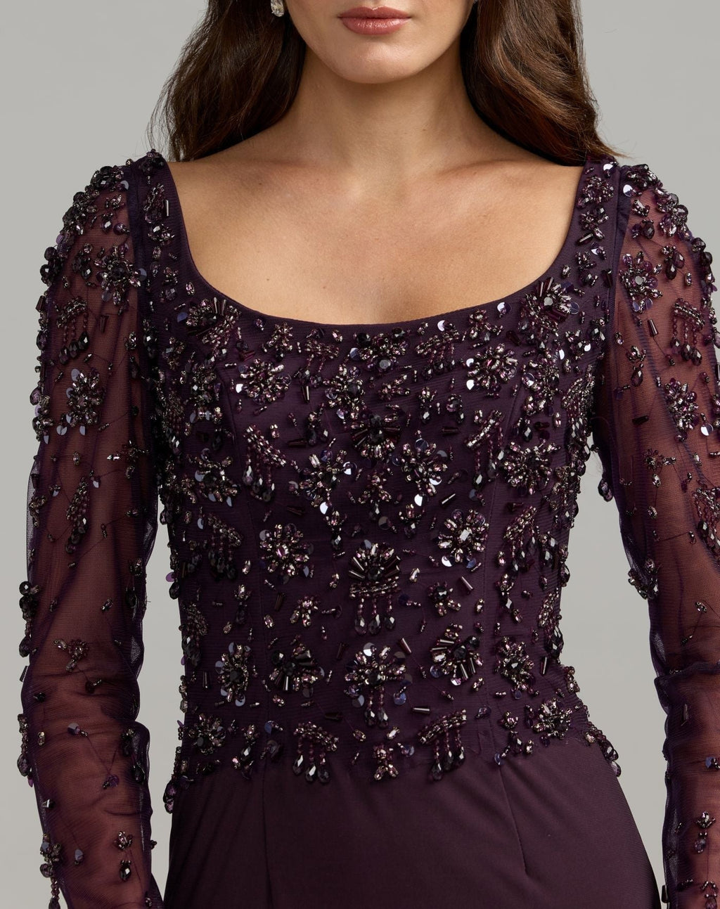 Amethyst Long Sleeve Beaded Column Gown