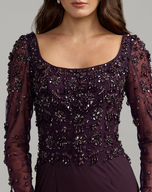 Amethyst Long Sleeve Beaded Column Gown
