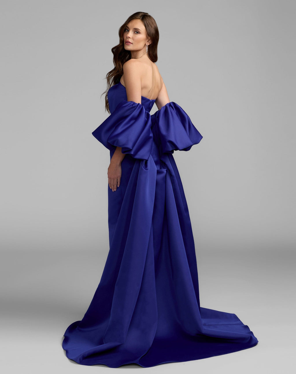 Cobalt Off The Shoulder Puff Sleeve Satin Gown With Cape