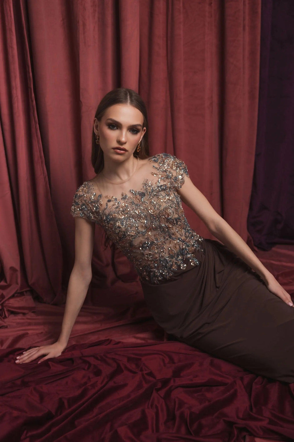 Chocolate Illusion High Neck Embellished Jersey Gown