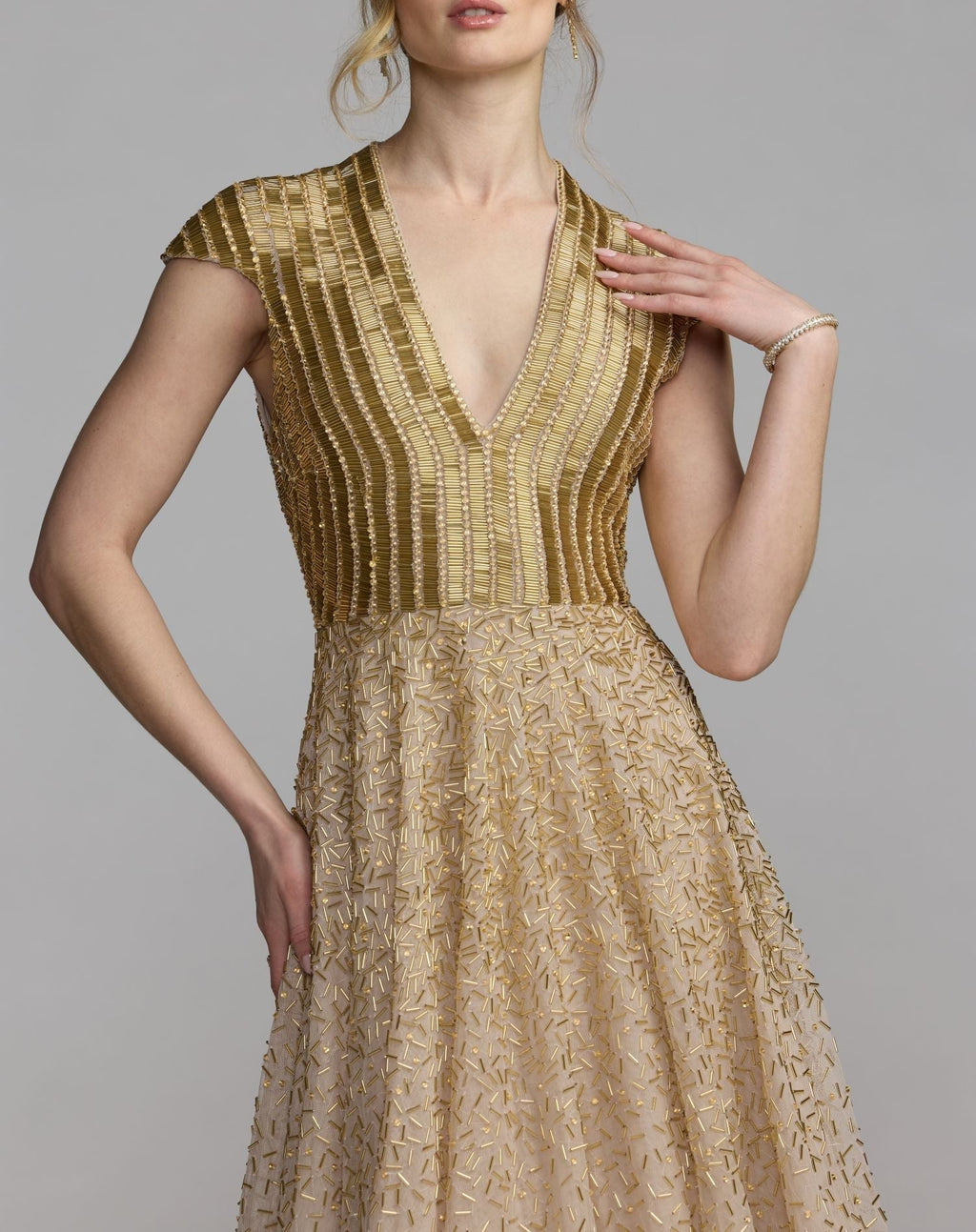 Gold V-Neck Beaded Tulle A-Line Gown