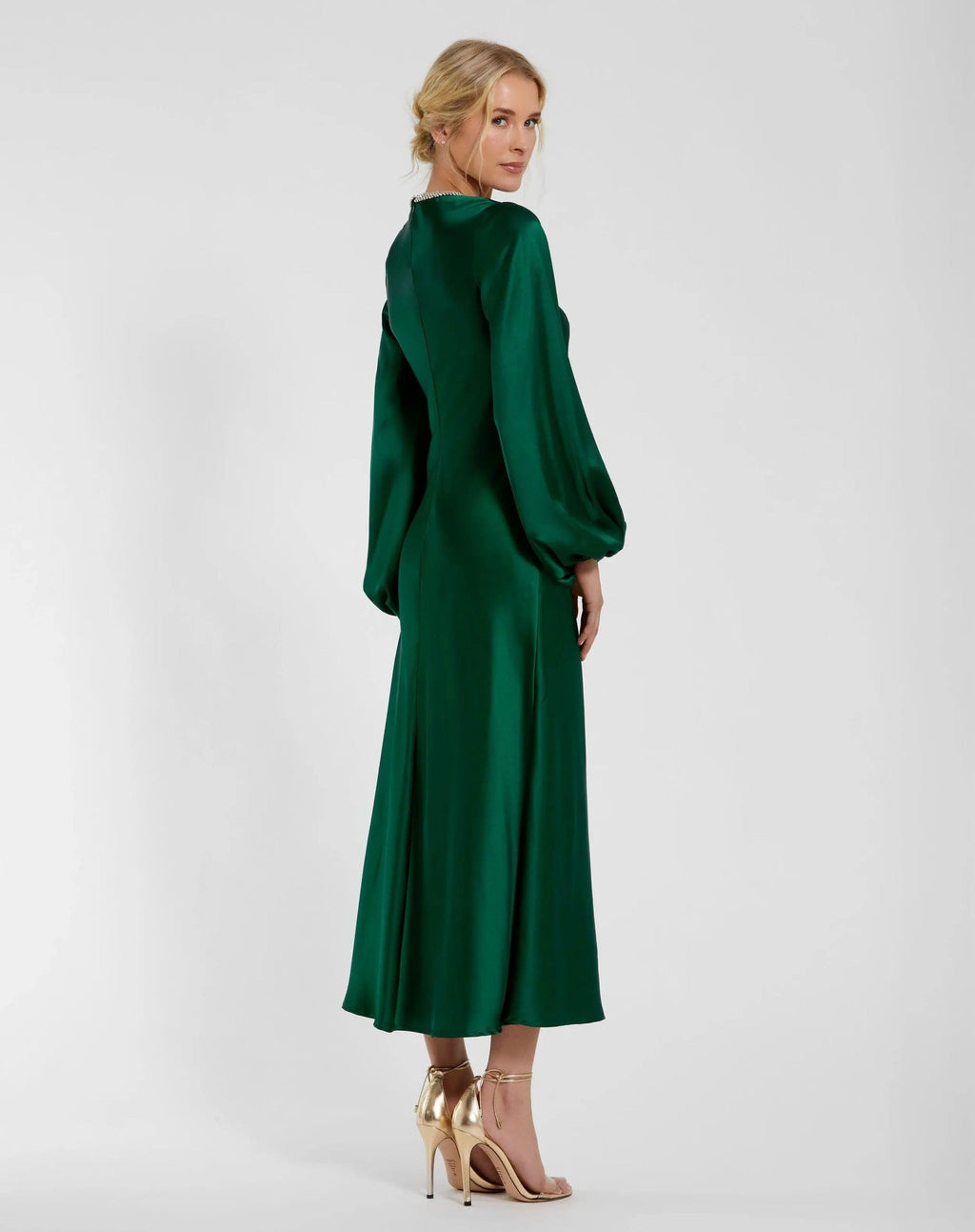 Emerald Rhinestone Neckline Satin Midi Dress
