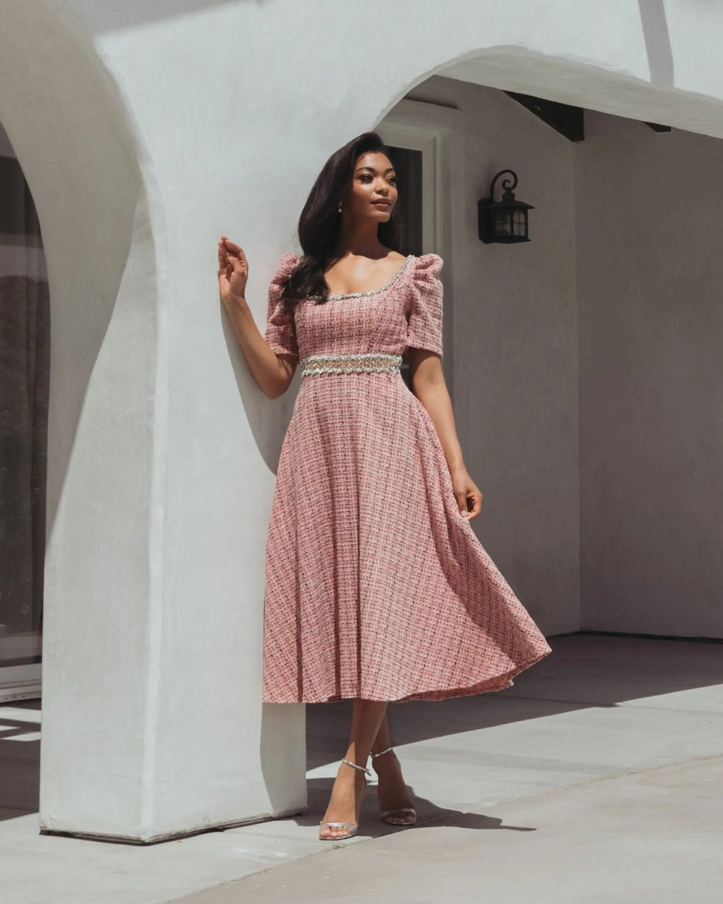 Pink Multi Puff Sleeve Boucle Midi Dress With Beaded Belt