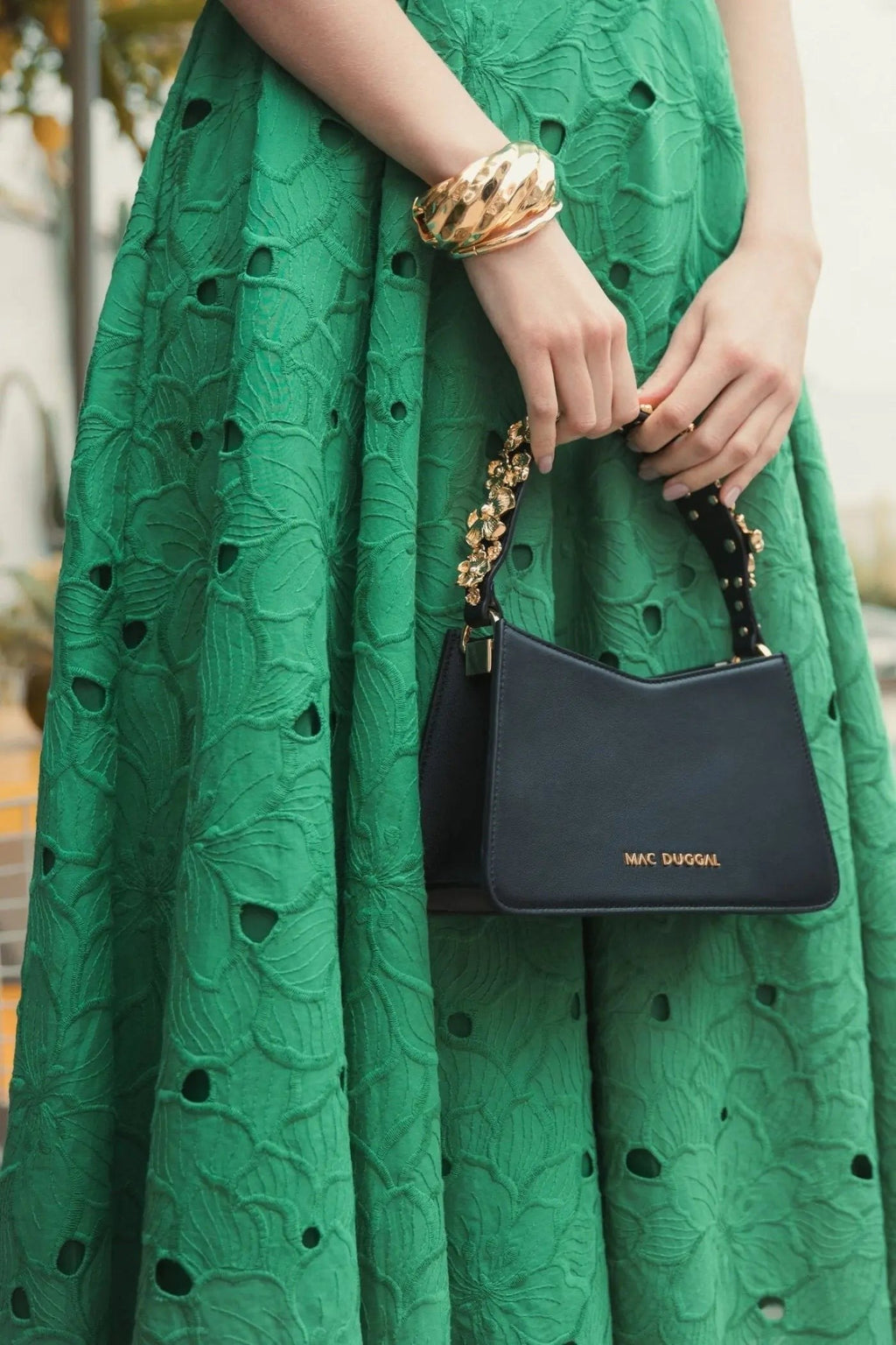 Black Small Leather Shoulder Bag with Gold Floral Strap