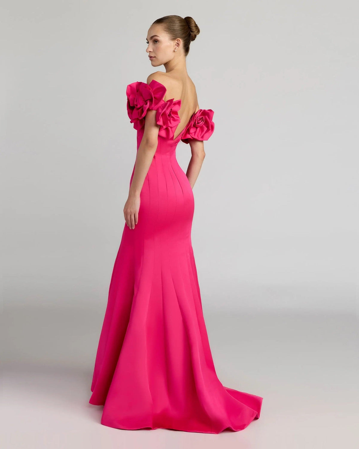Hot Pink Off The Shoulder Gown With 3D Floral Sleeves