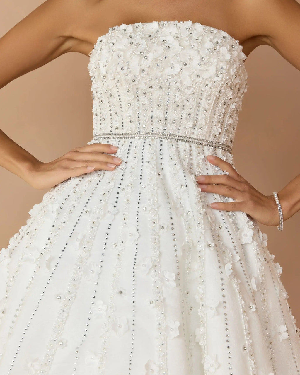 Ivory Strapless Floral Embellished Midi Dress
