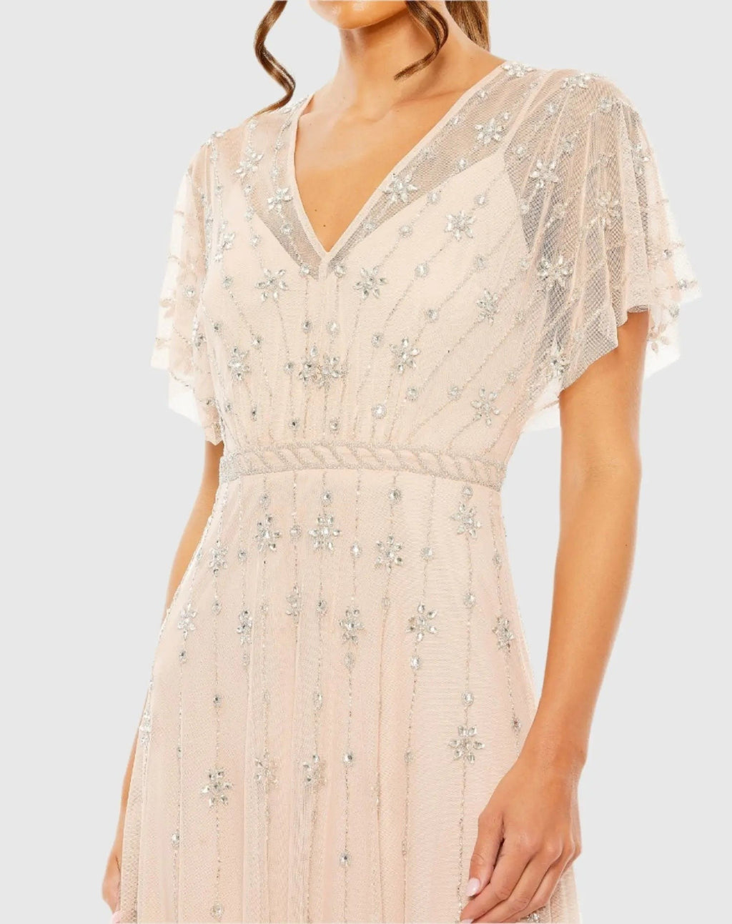 Pink V Neck Embellished Flutter Sleeve A Line Gown