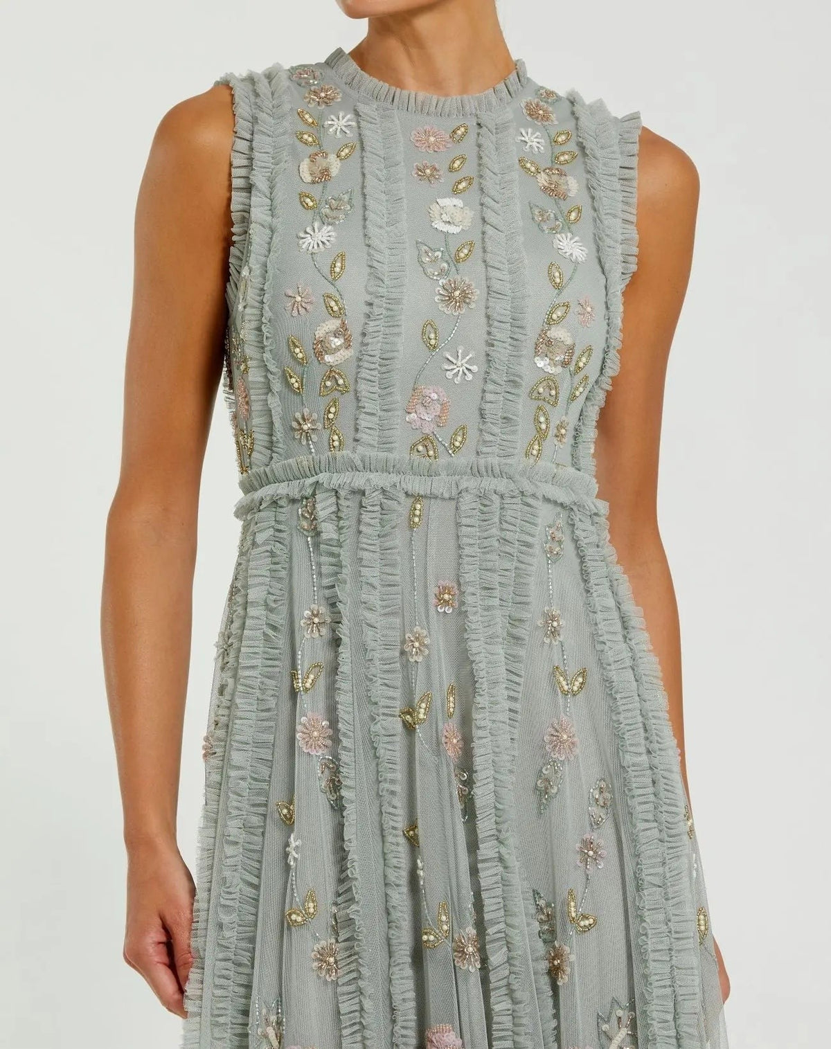 Petite Green Floral Mesh Sleeveless A Line Micro Ruffle Gown