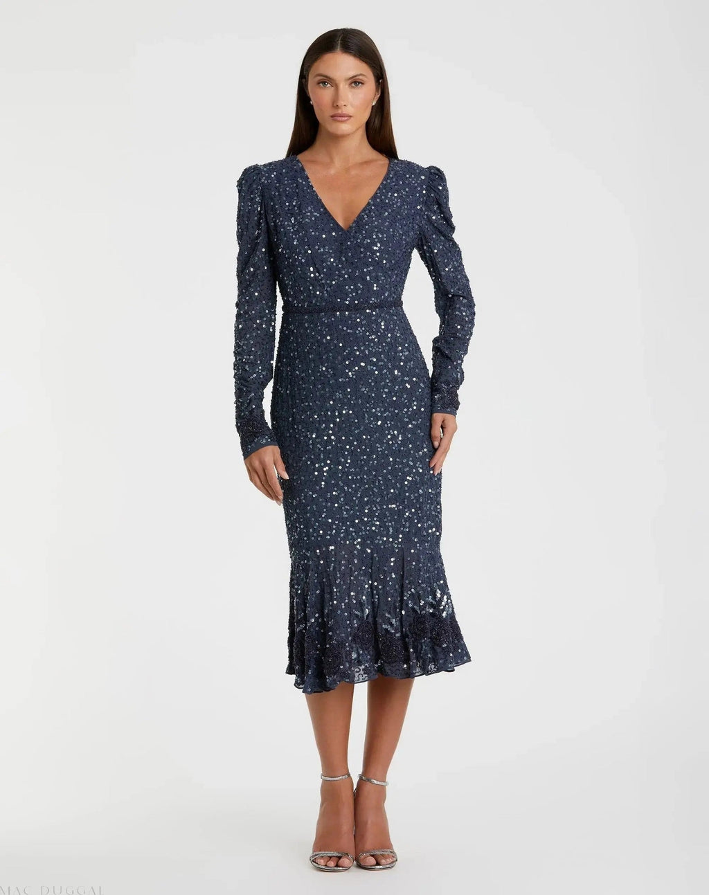 Sequin Dress with Embellished Hemline and Belt