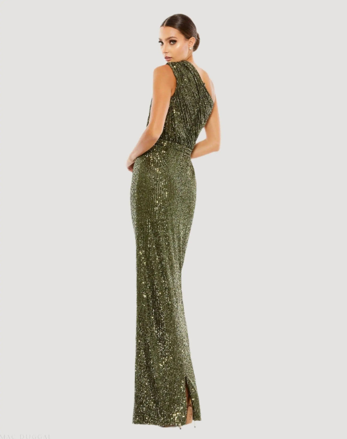 Olive Sequined Ruched One Shoulder Gown