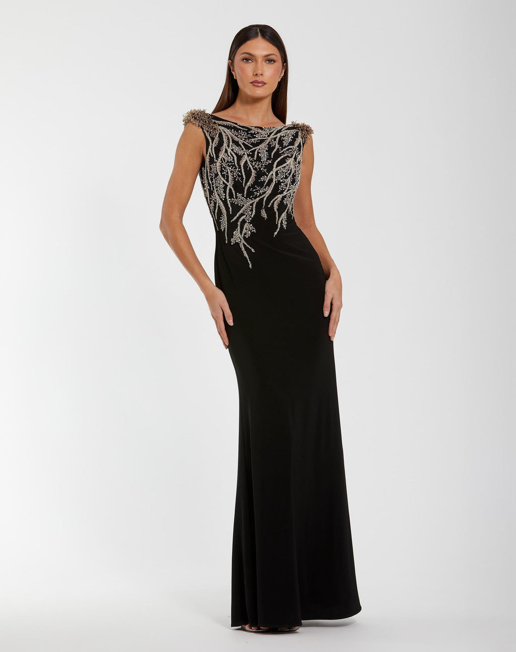 Black Hand Beaded Cap Sleeve Jersey Gown