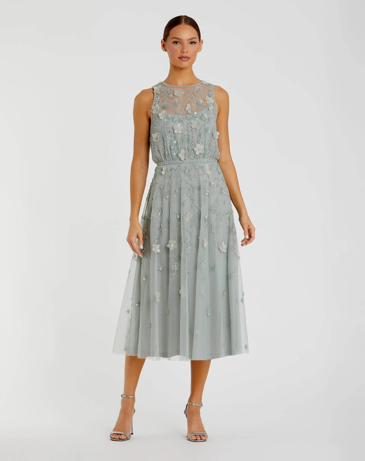 Sage Floral Embellished Sleeveless Midi Dress