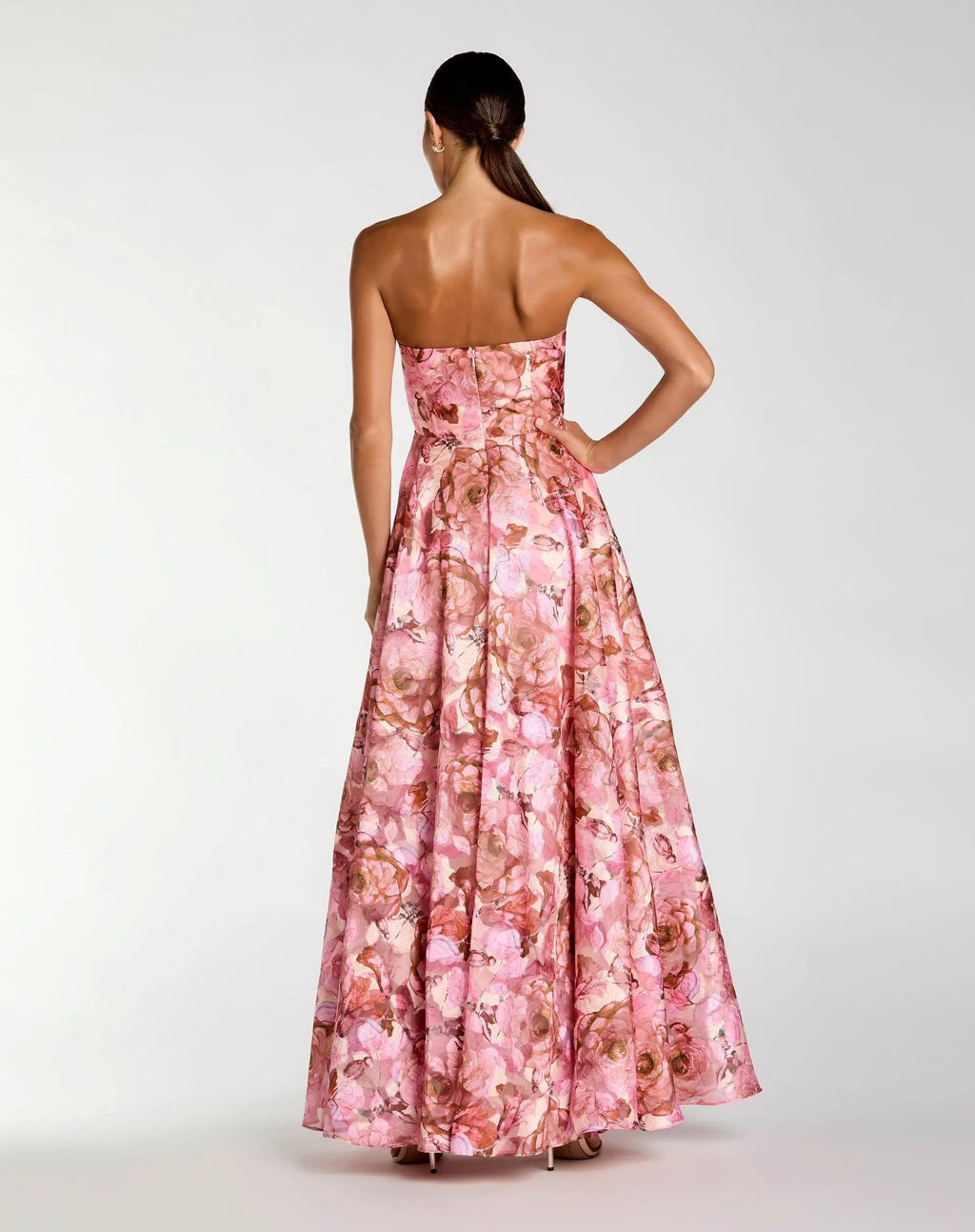 Rose Multi Strapless Floral Printed A-Line Gown With 3D Flower